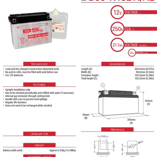 BS BATTERY BATÉRIA BS B50-N18L-A/A2 (Y50-N18L-A/A2) 12V 20AH 205X90X162 OPRAVITEĽNÁ – ELEKTROLYTOVÁ SAMOSTATNÁ 250A (2) EU2019/1148