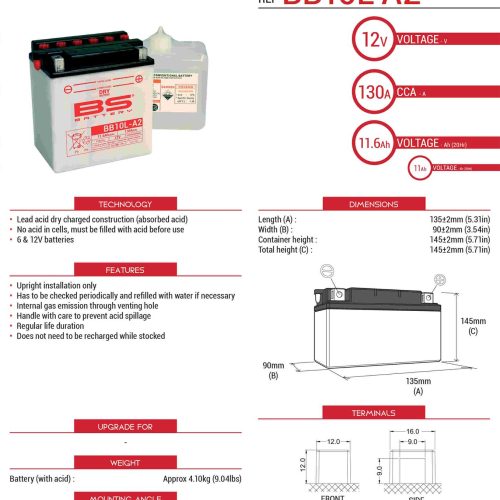 BS BATTERY BATÉRIA BS BB10L-A2 (YB10L-A2) 12V 11AH 136X91X146 OPRAVITEĽNÁ – ELEKTROLYTOVÁ SAMOSTATNÁ (160A) (4) EU2019/1148