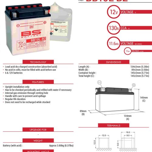 BS BATTERY BS BATÉRIA BB10L-B2 (YB10L-B2) 12V 11AH 134X89X145 ÚDRŽBA – ELEKTROLYTOVÝ SAMOSTATNÝ (130A) (4) EU2019/1148 (310558)