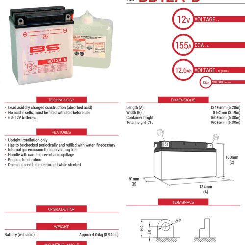 BS BATTERY BS BATÉRIA BB12A-B (YB12A-B) 12V 12AH 134X80X160 ÚDRŽBA – ELEKTROLYTOVÁ SAMOSTATNÁ (155A) (4) EU2019/1148