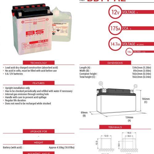 BS BATTERY BATÉRIA BS BB14-A2 (YB14-A2) 12V 14AH 134X89X166 OPRAVITEĽNÁ – ELEKTROLYTOVÁ SAMOSTATNÁ (175A) (4) EU2019/1148