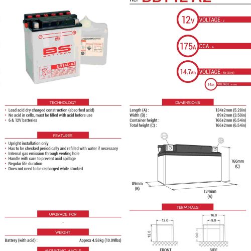 BS BATTERY BATÉRIA BS BB14L-A2 (YB14L-A2) 12V 14AH 135X91X167 OPRAVITEĽNÁ – ELEKTROLYTOVÁ SAMOSTATNÁ (175A) (4) EU2019/1148