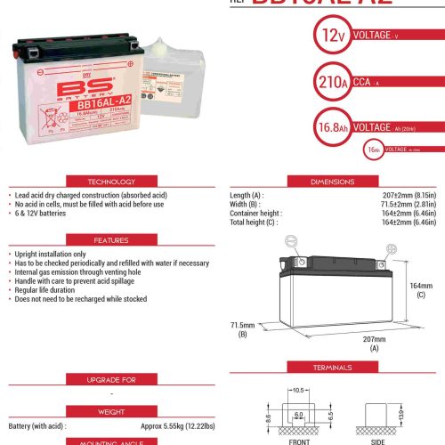 BS BATTERY BS BATÉRIA BB16AL-A2 (YB16ALA2) 12V 16AH 205X71X164 ÚDRŽBA – ELEKTROLYTOVÁ SAMOSTATNÁ (175A) (3) EU2019/1148