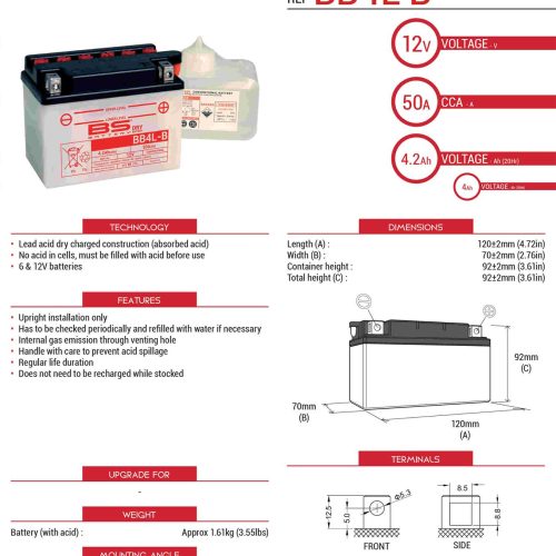 BS BATTERY BATÉRIA BS BB4L-B (YB4L-B) 12V 4AH 121X71X93 OPRAVITEĽNÁ – ELEKTROLYTOVÁ SAMOSTATNÁ (56A) (8) EU2019/1148