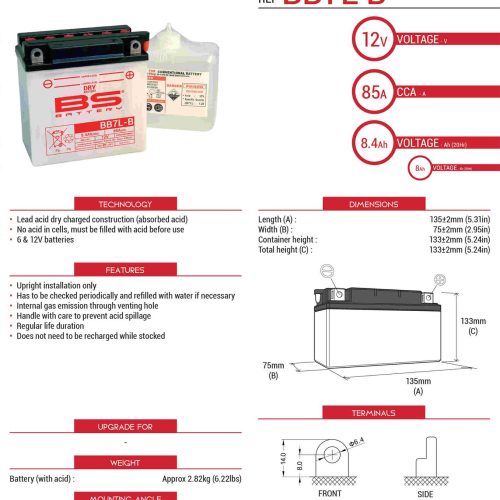 BS BATTERY BATÉRIA BS BB7L-B (YB7L-B) (12N7-3B) (YB7L-B2) 12V 8AH 135X75X133 OPRAVITEĽNÁ – ELEKTROLYTOVÝ SAMOSTATNÝ (85A) (6) EU2019/1148 (310595)