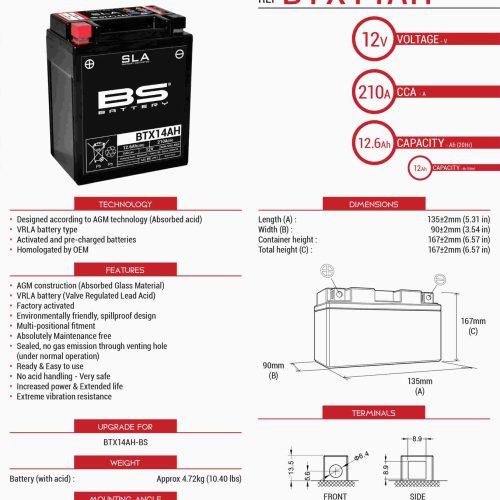 BS BATTERY BS BATÉRIA BTX14AH (FA) (YTX14AH-BS) 12V 12AH 135X90X167 BEZÚDRŽBOVÁ – ZAPLAVENÁ (210A) (4)