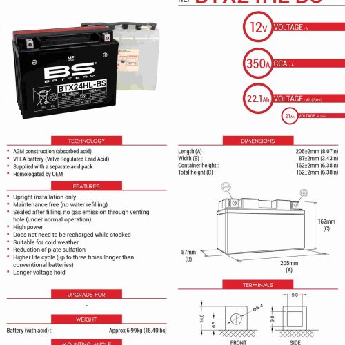 BS BATTERY BS BATÉRIA BTX24HL-BS (YTX24HL-BS) 12V 21AH 205X87X162 BEZÚDRŽBOVÁ – ELEKTROLYTOVÁ SAMOSTATNÁ (350A) (2) EU2019/1148