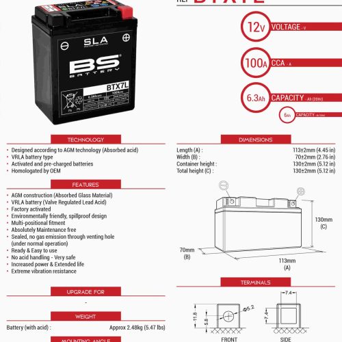 BS BATTERY BS BATÉRIA BTX7L (FA) (YTX7L-BS) 12V 6AH 113X70X130 BEZÚDRŽBOVÁ – ZAPLAVENÁ (100A) ŤAŽKÉ (8)