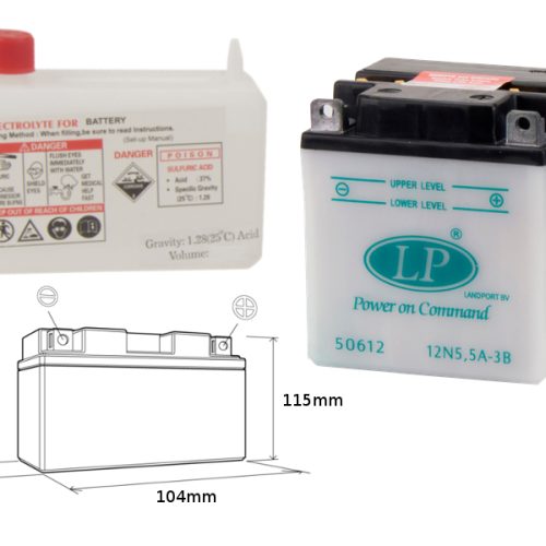 LANDPORT BATÉRIA 12N5,5A-3B 12V 5,5AH 105X91X115 ÚDRŽBA – ELEKTROLYT SAMOSTATNE (4) EU2019/1148