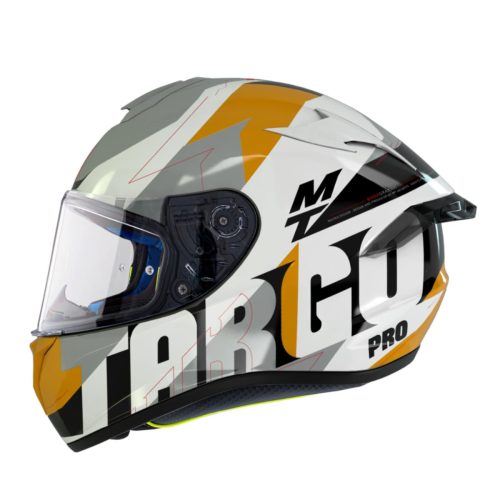 MT HELMETS MT PROMOTION TARGO PRO VÄČŠIA A3 INTEGRÁLNA PRILBA LESK PERLOVÁ ŽLTÁ FARBA BIELA/ŽLTÁ/ŠEDÁ VEĽKOSŤ M