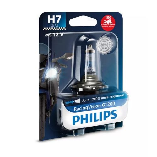 OSRAM ŽIAROVKA NA MOTOCYKL PHILIPS H7 12V 55W RACING VISION MOTO +200% (INTENZÍVNY BIELY EFEKT – ODOLNÁ VIBRÁCIÁM – SCHVÁLENIE)